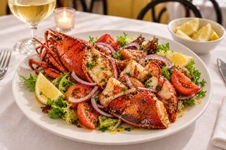Astice alla catalana con cipolla rossa, pomodoro e insalata