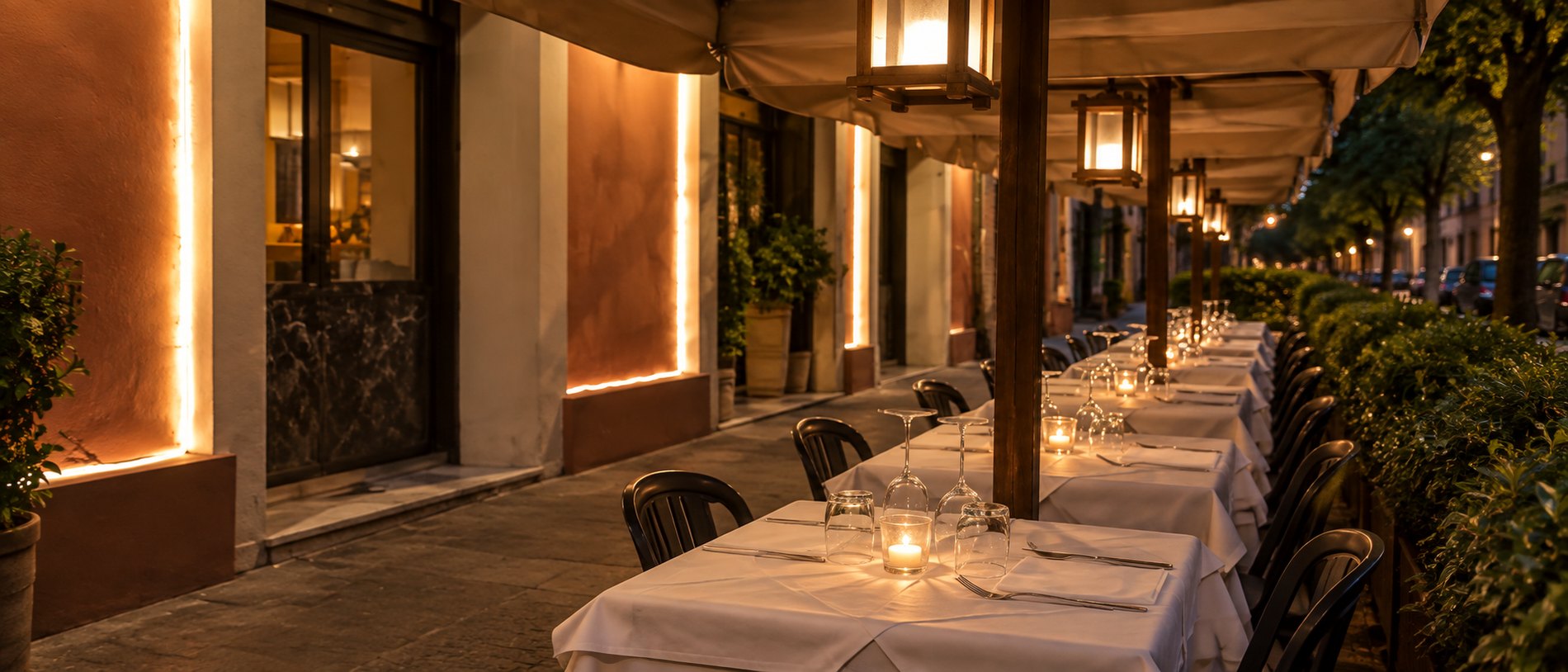 I tavoli del ristorante in fila sotto i portici, di sera, con le lanterne accese