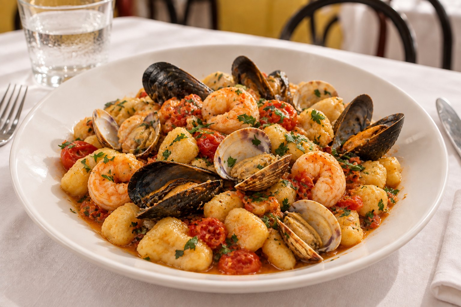 Gnocchi allo scoglio con vongole, cozze e gamberi