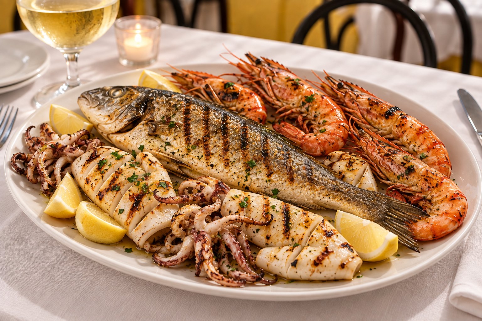 Grigliata mista di pesce con gamberoni e calamari
