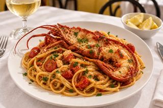 Linguine con mezzo astice e sugo di pomodorino