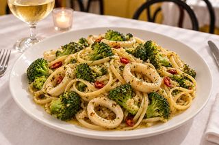 Linguine con broccoli e anelli di calamaro