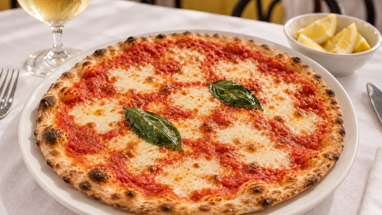 Una pizza margherita appena sfornata su un piatto bianco